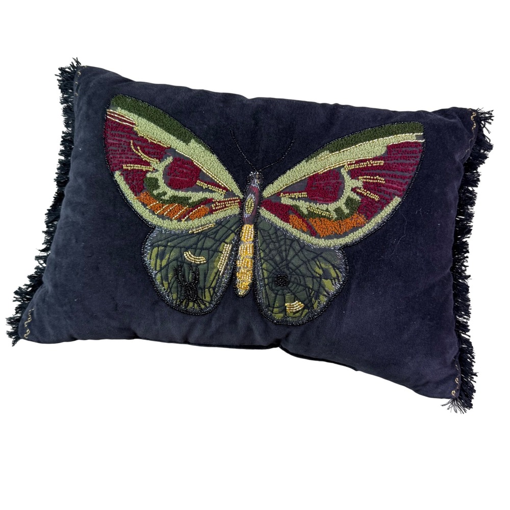 Moth Pillow Velvet Charcoal Grey Beaded Boho whimsigoth Dark fairy Cottagecore
